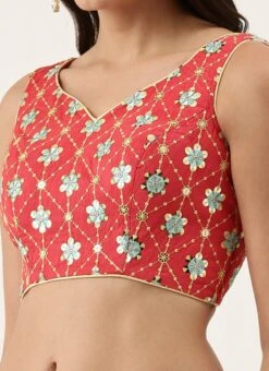 Red Silk Embroidered Work Blouse Party Wear