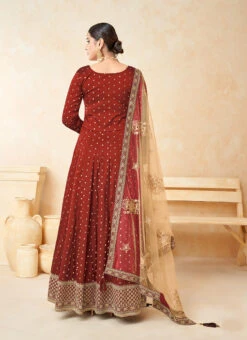 Red Taffeta Embroidered Anarkali Suit Party Wear -ZariGrace Shop red taffeta embroidered anarkali suit slsdc5204 b