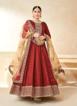 Red Taffeta Embroidered Anarkali Suit Party Wear -ZariGrace Shop red taffeta embroidered anarkali suit slsdc5204 u