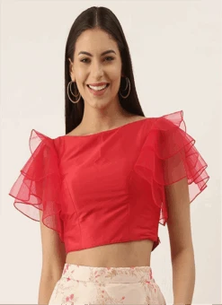 Red Taffeta Ruffled Sleeve Blouse After Six Wear -ZariGrace Shop red taffeta ruffled sleeve blouse BLBS02305278 u