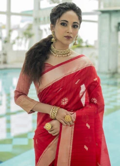 Red Tissue Cotton Zari Woven Saree Festive Wear -ZariGrace Shop red tissue cotton zari woven saree sasvw406 b