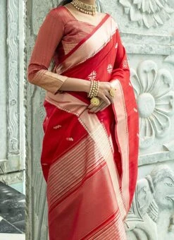 Red Tissue Cotton Zari Woven Saree Festive Wear