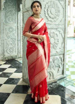 Red Tissue Cotton Zari Woven Saree Festive Wear -ZariGrace Shop red tissue cotton zari woven saree sasvw406 u