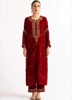 Red Velvet Embroidered Straight Pant Suit Party Wear -ZariGrace Shop red velvet embroidered straight pant suit krdvc28 u