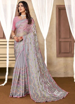 Resham Embroidery And Stone Work Grey Color Jimmy Chhoo Soft Organza Saree Party Wear -ZariGrace Shop resham embroidery and stone work grey color jimmy chhoo soft organza saree sasunc1772 u
