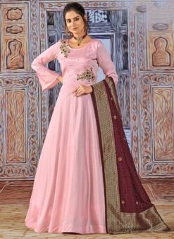 Rose Pink Art Silk Embroidered Anarkali Suit Party Wear -ZariGrace Shop rose pink art silk embroidered anarkali suit slsdc3002 u