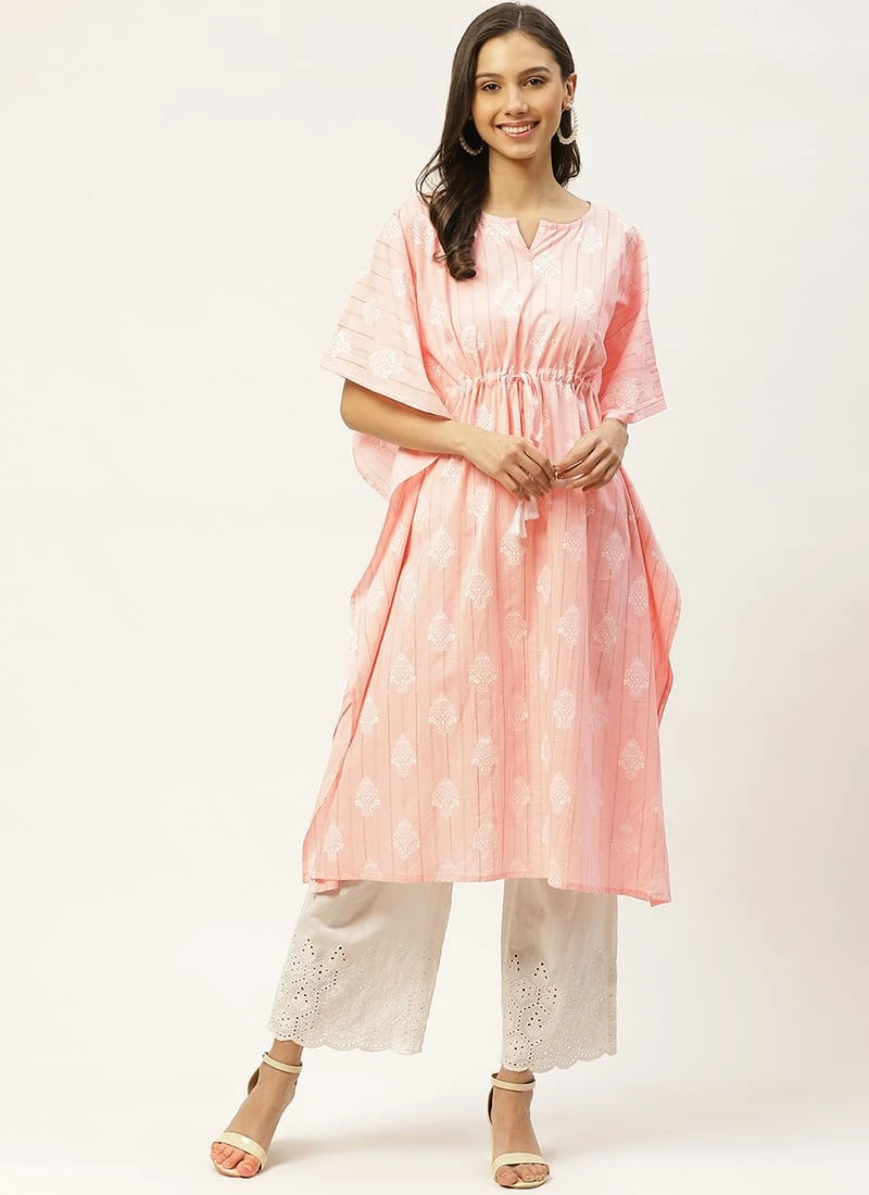 Rose Pink Cotton Printed Kaftan Short Tunic Work Wear 5 Rose Pink Cotton Printed Kaftan Short Tunic Work Wear - Image 3