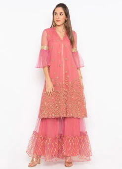 Rose Pink Net Embroidered Kurta Sharara Set After Six Wear -ZariGrace Shop rose pink net embroidered kurta sharara set krsmnc2121ks u