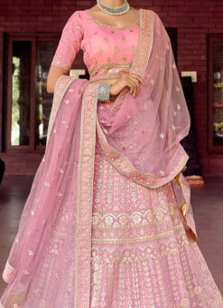 Rose Pink Organza Embroidered N Sequins Umbrella Lehenga Wedding Wear