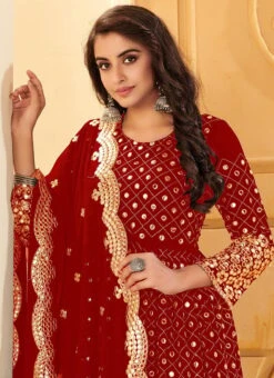 Rose Red Georgette Mirror Embroidered Anarkali Suit Party Wear -ZariGrace Shop rose red georgette mirror embroidered anarkali suit slsaj31381117 b