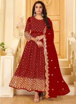 Rose Red Georgette Mirror Embroidered Anarkali Suit Party Wear -ZariGrace Shop rose red georgette mirror embroidered anarkali suit slsaj31381117 u