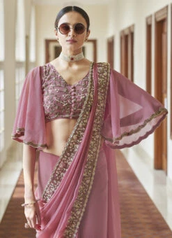 Rouge Pink Georgette Embroidered Saree Party Wear -ZariGrace Shop rouge pink georgette embroidered saree sasak33367404 b