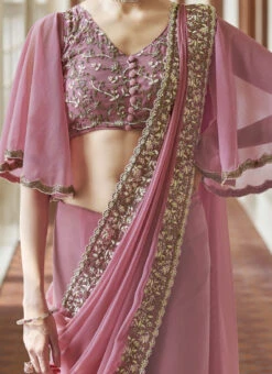 Rouge Pink Georgette Embroidered Saree Party Wear