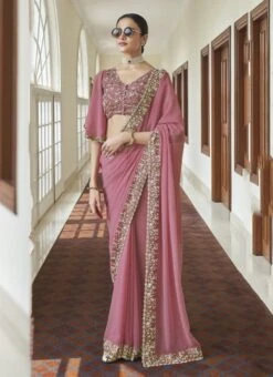 Rouge Pink Georgette Embroidered Saree Party Wear -ZariGrace Shop rouge pink georgette embroidered saree sasak33367404 u