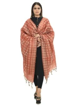 Rust Handloom Cotton Weaving Work Dupatta Work Wear -ZariGrace Shop rust handloom cotton weaving work dupatta dpdmimfd073 u