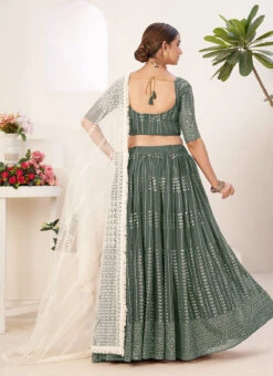 Sage Green Georgette Sequins Umbrella Lehenga Party Wear -ZariGrace Shop sage green georgette sequins umbrella lehenga ghsoms8004 b