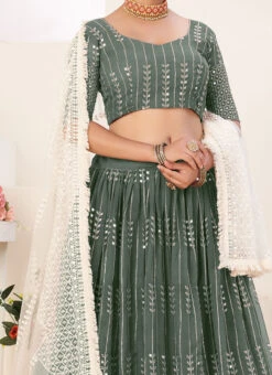 Sage Green Georgette Sequins Umbrella Lehenga Party Wear