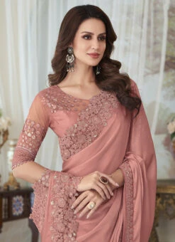 Salmon Pink Silk Embroidered Work Saree Party Wear -ZariGrace Shop salmon pink silk embroidered work saree sasli202527003e b