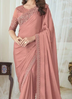 Salmon Pink Silk Embroidered Work Saree Party Wear