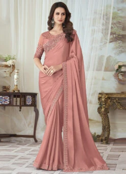 Salmon Pink Silk Embroidered Work Saree Party Wear -ZariGrace Shop salmon pink silk embroidered work saree sasli202527003e u