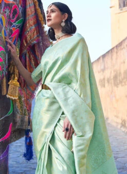 Sea Green Benarasi Silk Zari Work Saree Festive Wear -ZariGrace Shop sea green benarasi silk zari work saree samkns881238006 b