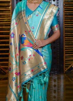 Sea Green Color Paithani Silk Saree With Meenakari Zari Woven Festive Wear