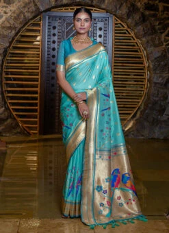 Sea Green Color Paithani Silk Saree With Meenakari Zari Woven Festive Wear -ZariGrace Shop sea green color paithani silk saree with meenakari zari woven sasvw347 u