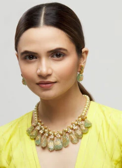 Sea Green Designer Necklace Set With Earrings Party Wear -ZariGrace Shop sea green designer necklace set with earrings jydmf1925 b