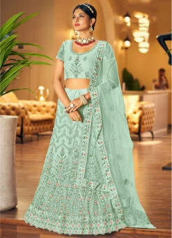 Sea Green Embroidery Stone Work Net A Line Lehenga Party Wear -ZariGrace Shop sea green embroidery stone work net a line lehenga ghska46271044c u