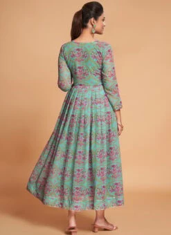 Sea Green Georgette Digital Print Fit And Flare Dress After Six Wear -ZariGrace Shop sea green georgette digital print fit and flare dress drsacw9022 b