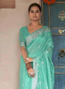 Sea Green Linen Embroidered Work Saree Festive Wear -ZariGrace Shop sea green linen embroidered work saree samkns4316 b