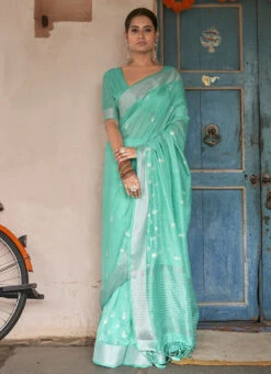 Sea Green Linen Embroidered Work Saree Festive Wear -ZariGrace Shop sea green linen embroidered work saree samkns4316 u