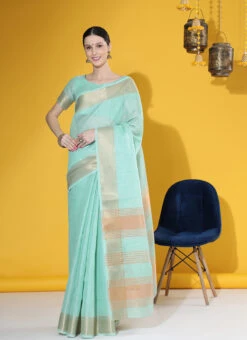 Sea Green Tissue Cotton Zari Weaving Saree Festive Wear -ZariGrace Shop sea green tissue cotton zari weaving saree sasvw60 u
