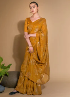 Sequins Work Mustard Color Georgette Saree Festive Wear -ZariGrace Shop sequins work mustard color georgette saree sasvp254 u