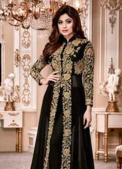 Shamita Shetty Black Georgette Anarkali Suit Party Wear -ZariGrace Shop shamita shetty black georgette anarkali suit slscc8001a b