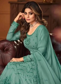 Shamita Shetty Green Georgette Sequins Anarkali Suit Party Wear -ZariGrace Shop shamita shetty green georgette sequins anarkali suit slsaj31418683 b