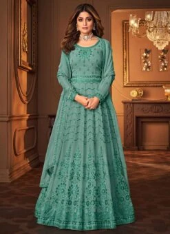 Shamita Shetty Green Georgette Sequins Anarkali Suit Party Wear -ZariGrace Shop shamita shetty green georgette sequins anarkali suit slsaj31418683 u