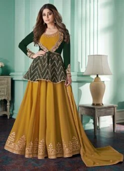 Shamita Shetty Mustard Georgette Embroidered Anarkali Suit Party Wear -ZariGrace Shop shamita shetty mustard georgette embroidered anarkali suit slsak28908571 u