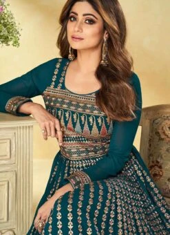 Shamita Shetty Teal Green Georgette Embroidered Designer Anarkali Suit Festive Wear -ZariGrace Shop shamita shetty teal green georgette embroidered designer anarkali suit slsak32649192 b