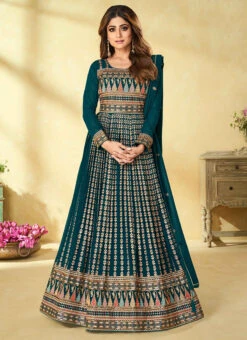 Shamita Shetty Teal Green Georgette Embroidered Designer Anarkali Suit Festive Wear -ZariGrace Shop shamita shetty teal green georgette embroidered designer anarkali suit slsak32649192 u