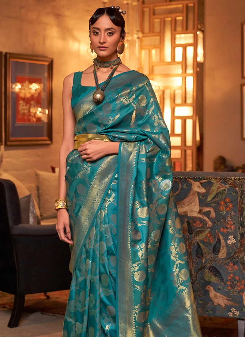 Silk Fabric Teal Green Color Jacquard Woven Work Saree Party Wear 6 Silk Fabric Teal Green Color Jacquard Woven Work Saree Party Wear - Image 4
