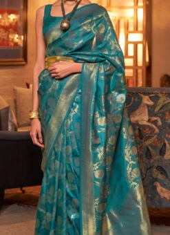 Silk Fabric Teal Green Color Jacquard Woven Work Saree Party Wear