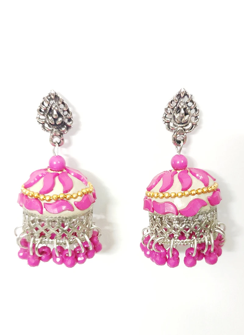Silver N Pink Jhumka Earrings Festive Wear 4 Silver N Pink Jhumka Earrings Festive Wear - Image 2