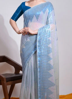 Sky Blue Color Sequins Work Georgette Saree Party Wear