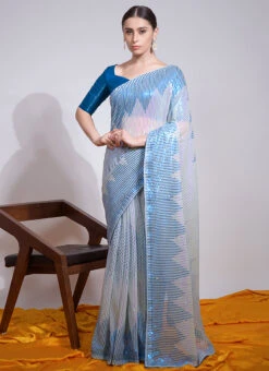 Sky Blue Color Sequins Work Georgette Saree Party Wear -ZariGrace Shop sky blue color sequins work georgette saree sasvp238 u