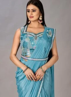 Sky Blue Faux Georgette Shimmer Saree Party Wear -ZariGrace Shop sky blue faux georgette shimmer saree sasctbliss1054 b