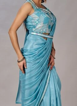 Sky Blue Faux Georgette Shimmer Saree Party Wear