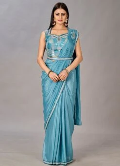 Sky Blue Faux Georgette Shimmer Saree Party Wear -ZariGrace Shop sky blue faux georgette shimmer saree sasctbliss1054 u