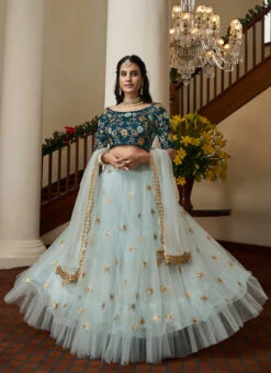 Sky Blue Net Sequins Work Umbrella Lehenga Choli Party Wear -ZariGrace Shop sky blue net sequins work umbrella lehenga choli ghsir4203 u