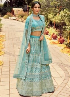 Sky Blue Organza Embroidered N Sequins Umbrella Lehenga Wedding Wear -ZariGrace Shop sky blue organza embroidered n sequins umbrella lehenga ghsak42097101 u